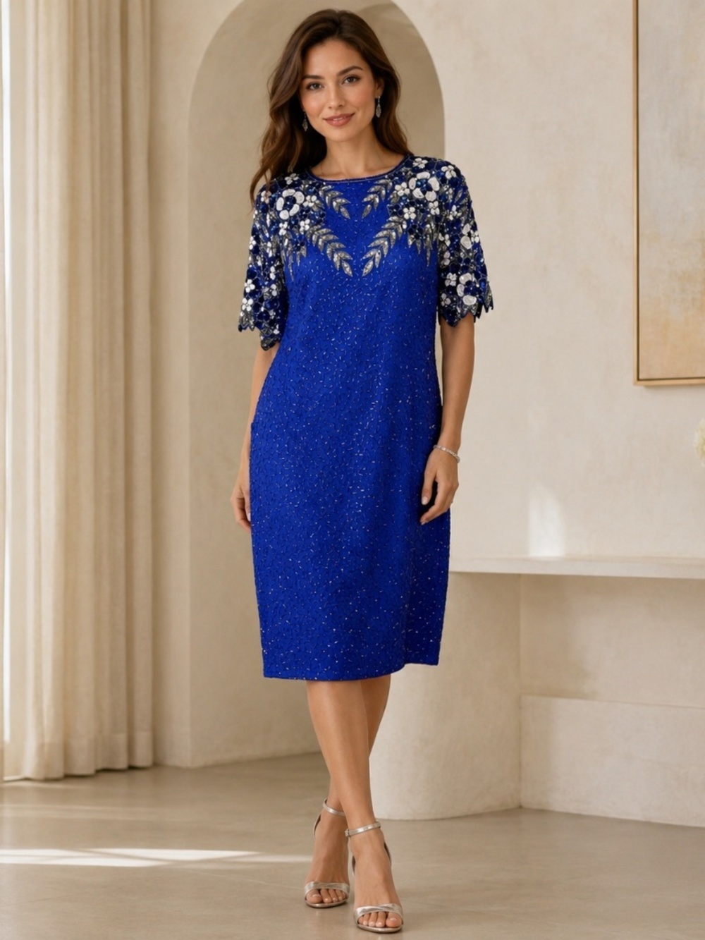 Stenay Vintage Silk Beaded Sequin Dress Blue Cocktail Party Evening Glam Size 16